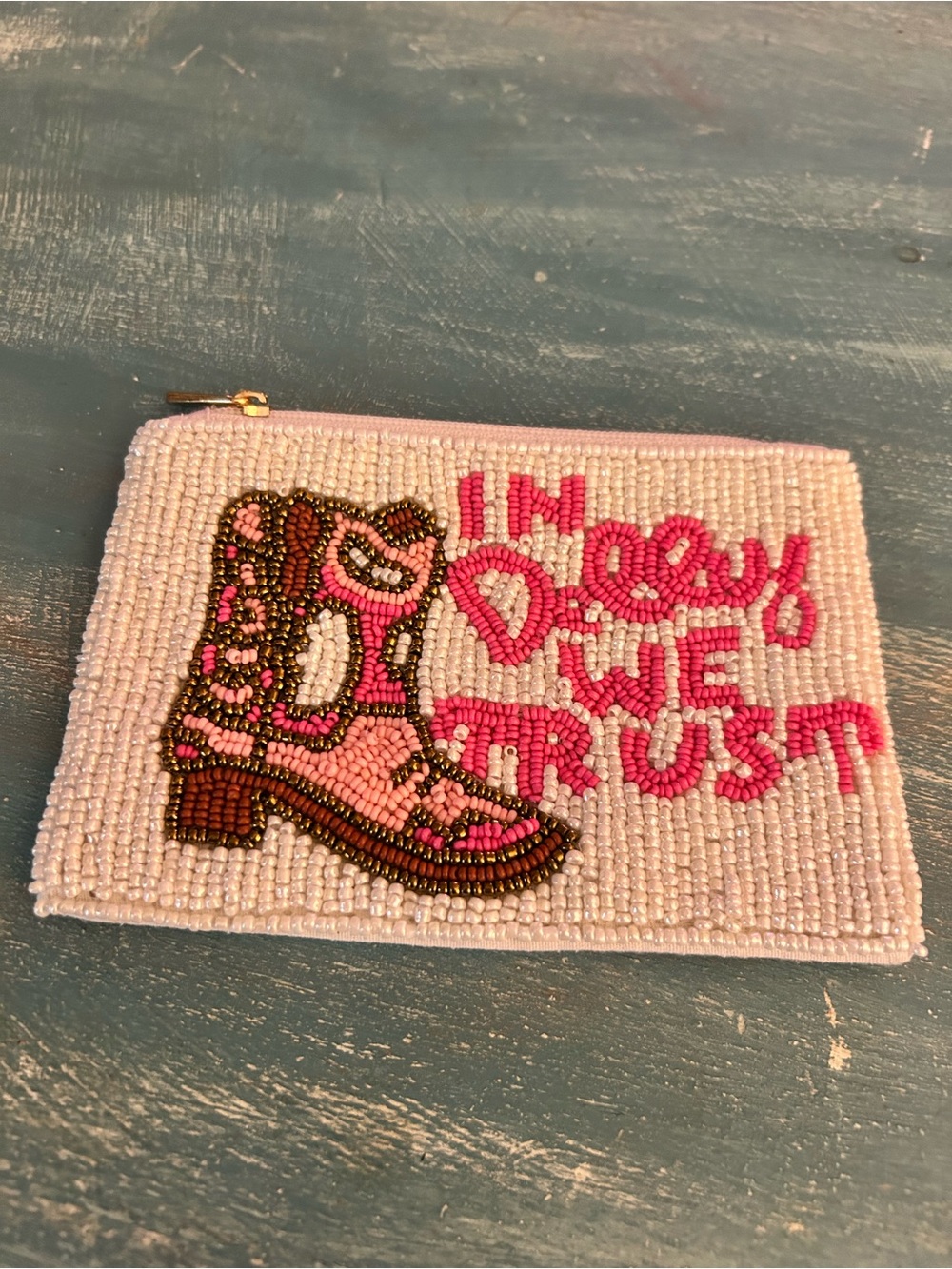 Beaded Pink Boot Coin Purse - "In Dolly We Trust"